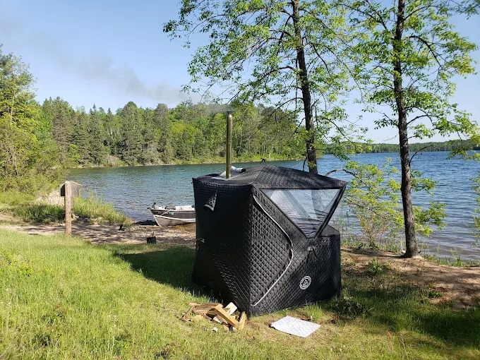 orth Shore Sauna Nova 6 tent set up outdoors wood fired portable sauna